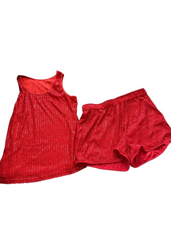 Pants - Red Sequined Tank Top & Shorts Set  Size L
